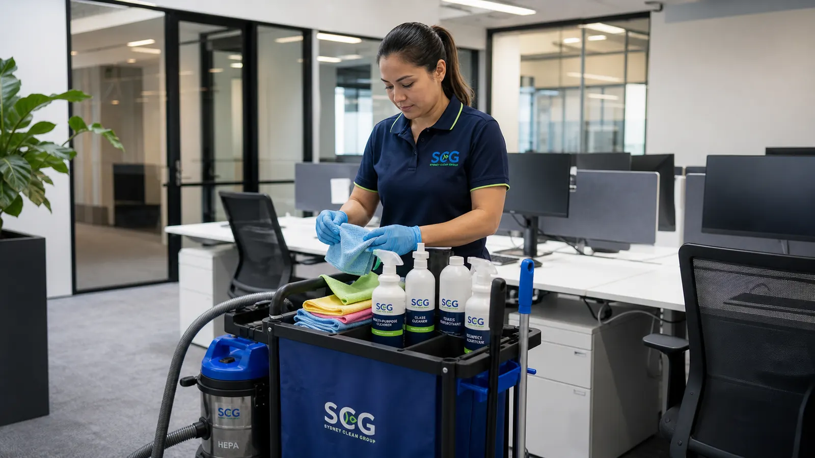 Cleaner servicing a North Sydney office tenancy after hours